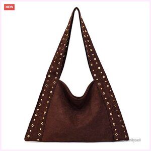 Large Suede Hobo Tote Bag Studded Slouchy Handbag Vintage Style Purse